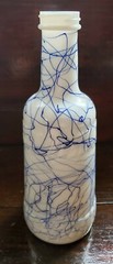 MCM Welch&rsquo;s Refreshment Wine Bottle Hazel Atlas Blue Drizzle Milk Glass 1955 Lid