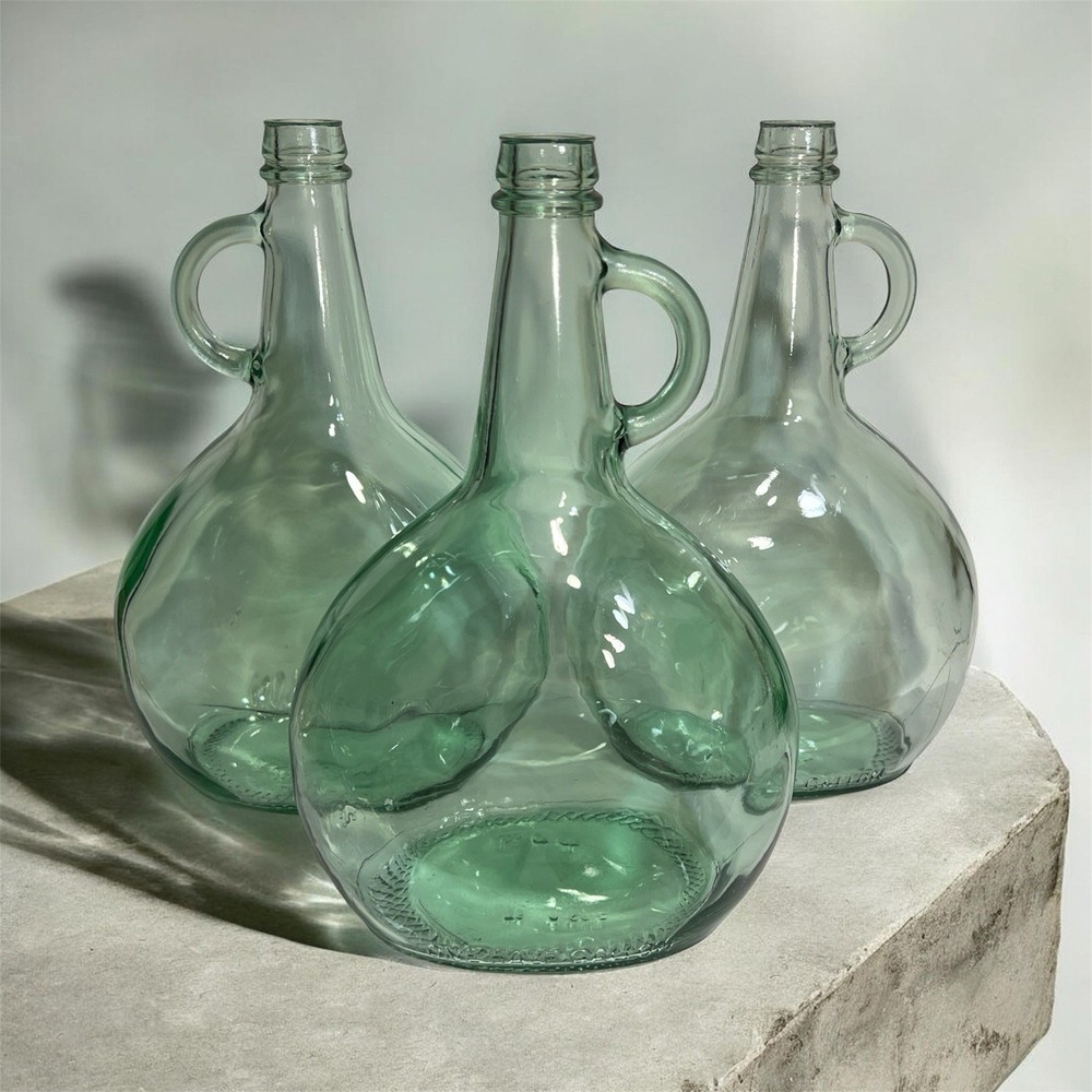 Lot of 3 Vintage Light Green Glass Jugs Half Gallon Wine Demijohn Handle 11.5&Prime;