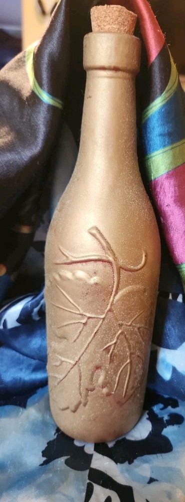 Vintage Frosted Glass wine bottle with embossed grapes design with cork