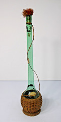 Vintage 21&Prime;H Green Glass Demijohn Carafe in Raffia, New Orleans Import Label