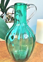 Vintage MCM Mid Century Blown Glass Wine Bottle Decanter Jug Green W/Handle