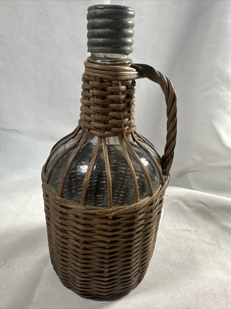 Old Glass Bubble Wicker Wrapped Bottle With Metal Screw Cork 10” Denver Antique