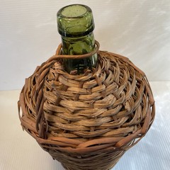 Vtg Wicker Wrapped Demijohn De Muller Spain Green Glass Wine Bottle 12.5”h x 8”w