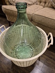 Emerald Green Glass Large Demijohn Wine Bottle in Plastic Basket Carboy EUC