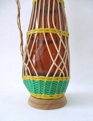 Vtg MCM Tall Brown EMPTY Wine Bottle Wicker Cover Metal Handle Wood Base Stopper