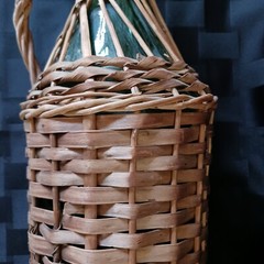Vtg 2L European 16&Prime; Wicker Covered Demijohn Bottle w/Baled Porcelain Stopper