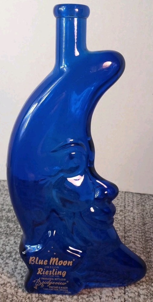 Blue Moon Riesling 500ml Blue Glass Collectible Wine Bottle Moon Face Design
