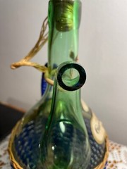 1963 Chianti Italian Wine Green Glass Decanter & Blue Wicker Basket w/labels.