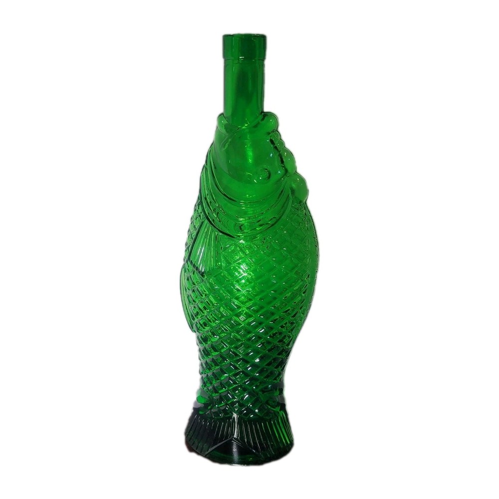 Vintage Fish Shaped Dark Green Glass Italian Wine Bottle Decanter 13&Prime;H F Mark