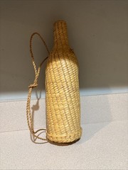 Wicker Rattan Straw Wine Bottle Carrier Holder With Flowers Vintage Mid-mod