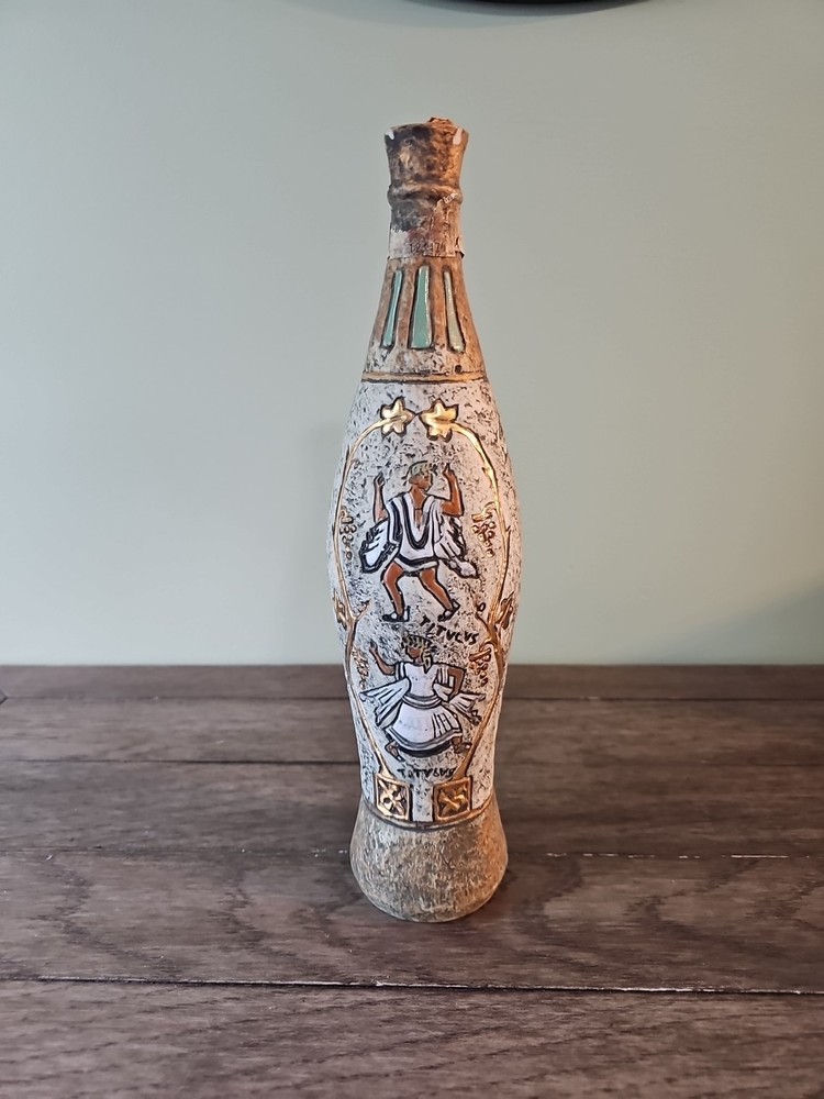 VTG Italian Roman Wine Bottle Ceramic Stone Finished TITVLVS Gold Tone Turquoise