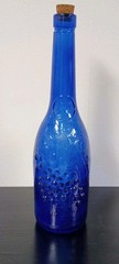 Vintage AM Cobalt Blue Glass Wine Bottle 12&Prime; Tall Embossed Grapes Leaves Cork