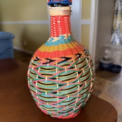 Vintage Scoubidou Woven Colorful V Levante brown Wine Bottle Spain Boho