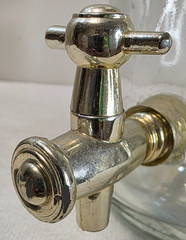 Large Clear Glass Bottle with Cork Stopper And Gold Faucet Used