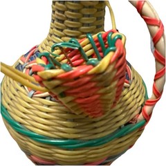 Vintage Green Viresa Glass Bottle Wrapped In Colorful Plastic Wicker 9.5” Tall