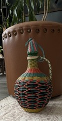 Vintage Spain Wine Bottle Plastic Woven Wicker Handle Empty Boho