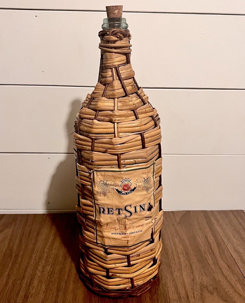 Achaia Clauss Retsina Wicker Wine Bottle 17” Greece Vintage