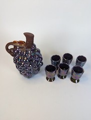 1940s Opalescent Grape Wine Decanter With Cork w 6 Tasting Cups MCM Complete Set