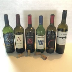 Lot of 6 Empty Wine Bottles 750ml Colored Glass w/ Corks – Decorative / Craft