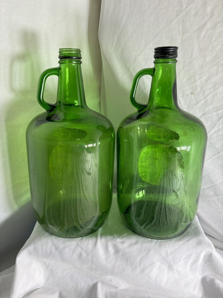 Vintage Dark Green Glass Jug 4 Liters with Handle. One Has Lid Other Does Not
