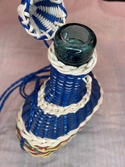 Boho Mid Century Woven Scoubidou Wicker Wrapped Viresa Wine Bottle – vintage