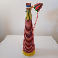 Vintage 60s MCM Viresa Spain Scoubidou Plastic Wicker Wrapped Wine Bottle Boho
