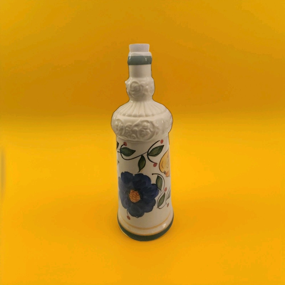 Vintage Chinese White Ceramic Hand Painted Fruit Design Wine Bottle w/Cork