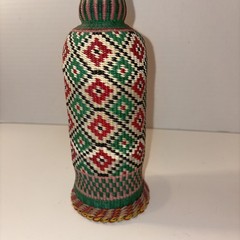 Vintage Viresa Scoubidou Wine Bottle & Cap Plastic Woven Wicker Spain Colorful