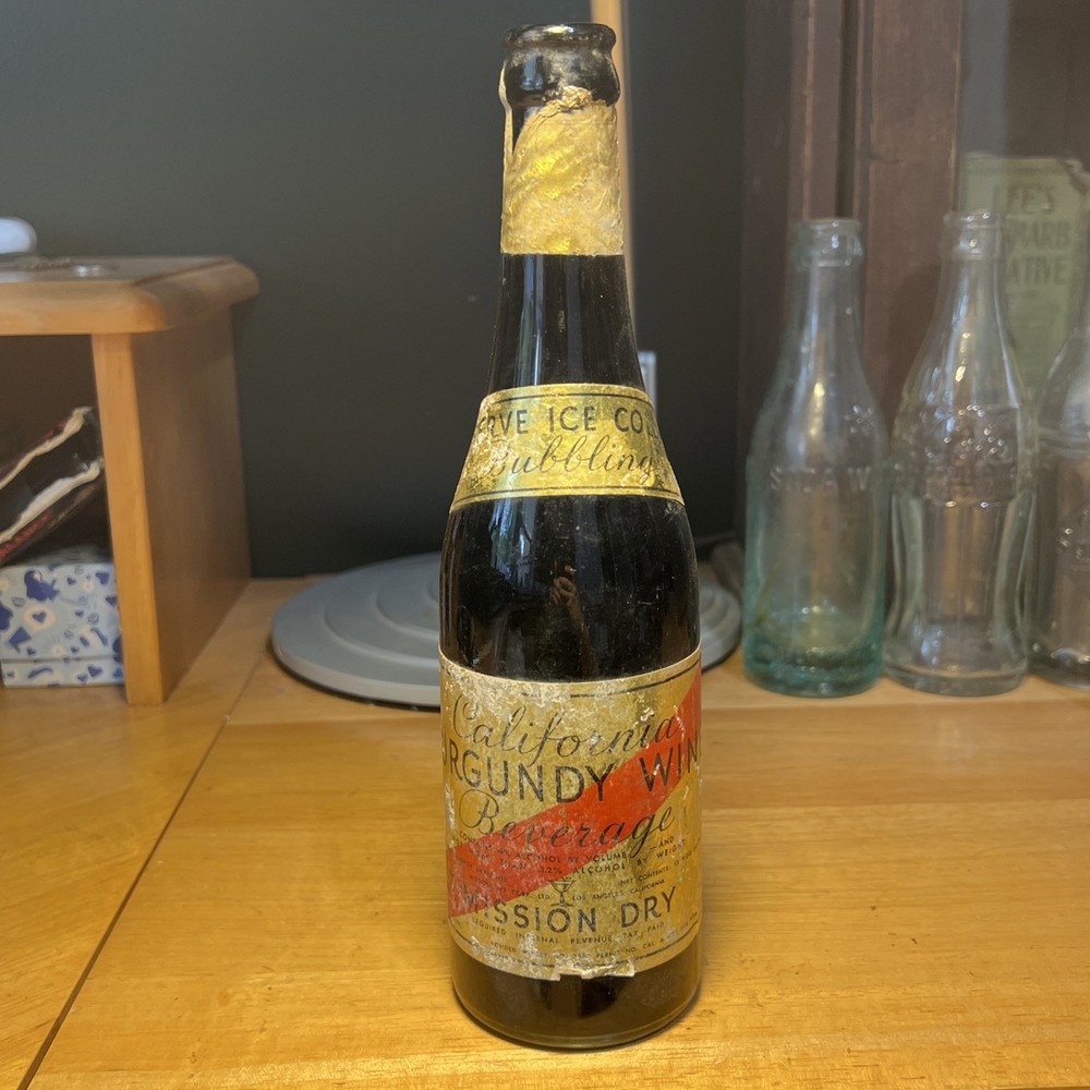 Antique Black Glass Labeled Mission Dry California Burgundy Wine Bottle Bubbling