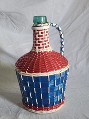 Vintage Viresa Demijohn Wine Bottle Scoubidou Woven Plastic Wicker Jug 1L 1960s
