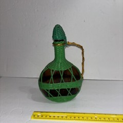 MCM Viresa Plastic Scoubidou Woven Wicker Wine Bottle Jug Metal Handle Green