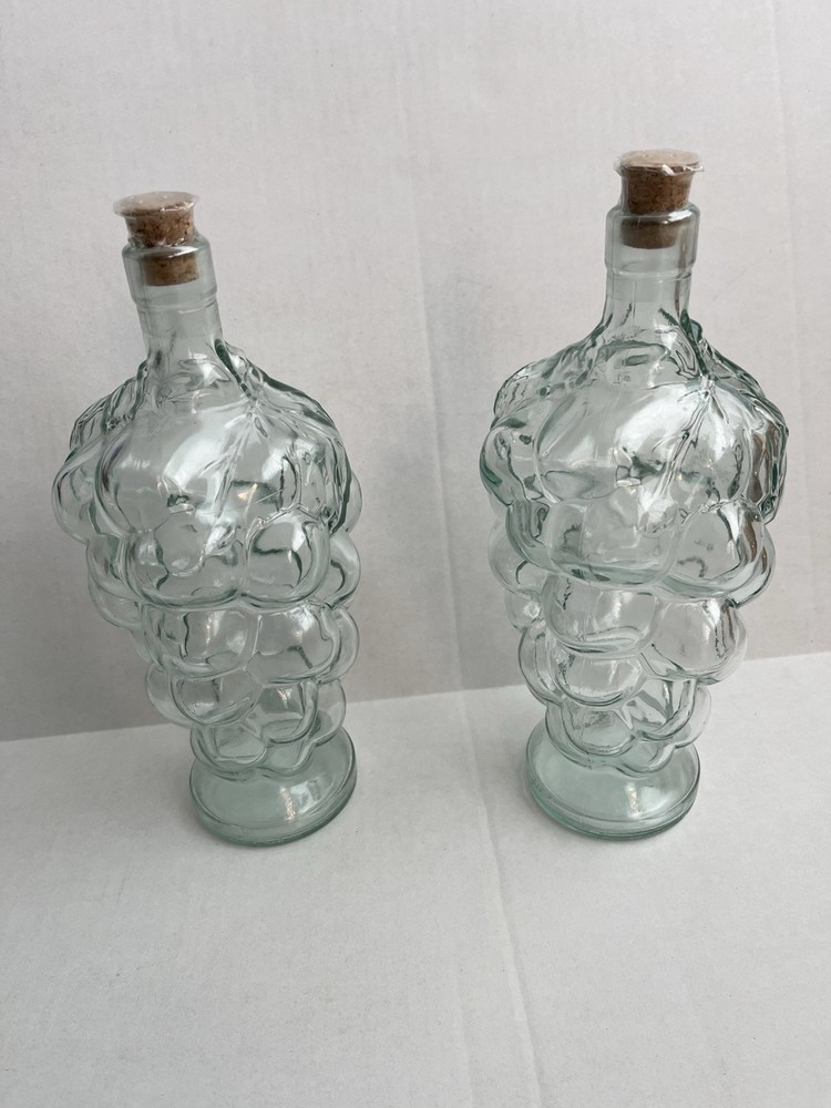 Set Of 2 VTG Lightly Tinted Blue GLASS GRAPES CLUSTER 10&Prime; STANDING WINE BOTTLE