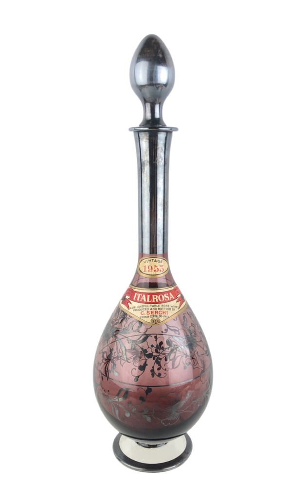1953 Silver Overlay Floral Design Pink Glass ItalRosa Wine Bottle w/ Labels