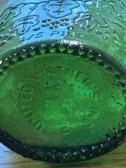 Vgt Green Glass Wine Bottle With Embossed Grape Designs, 11” Tall