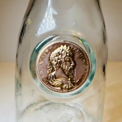 Vtg Wine Clear Glass Carafe Decanter Raised Faux Antique Gold Finish Medall Rare
