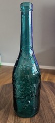 Vintage Teal Glass Bottle 11.25&Prime;H Grape Motif Spanish Glass Wine Carafe