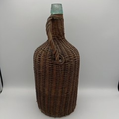 Antique Wicker Wrapped Aqua Glass Demijohn Demi John Bottle Jug Wine Basket