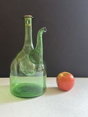 Vintage Hand Blown Green Glass Wine Bottle Decanter W/ Ice Chamber & Cork