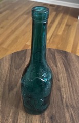 Vintage Teal Glass Bottle 11.25&Prime;H Grape Motif Spanish Glass Wine Carafe