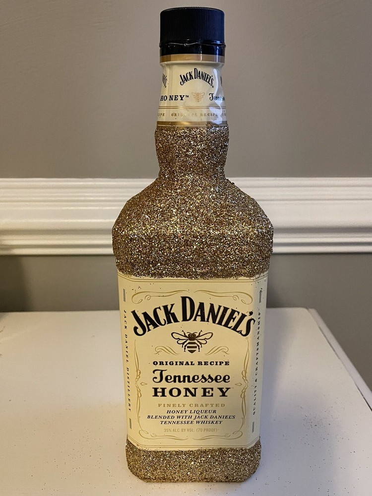 Large Empty Glitter Gold Jack Daniels Tennessee Honey Liquor Bottle, White Light