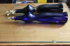 Pair of Mosel Riesling Cat Wine Bottles Frosted Black & Blue With Stoppers
