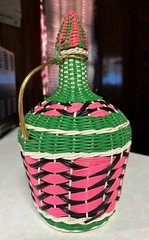 Vintage Viresa Labeled Spain Wine Bottle Plastic Woven Wicker Metal Handle 12”H