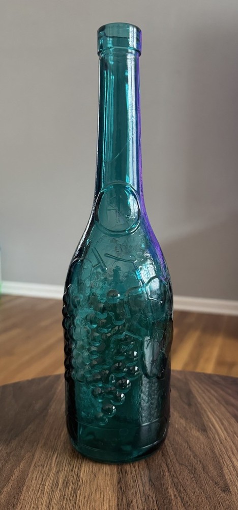 Vintage Teal Glass Bottle 11.25&Prime;H Grape Motif Spanish Glass Wine Carafe