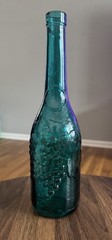 Vintage Teal Glass Bottle 11.25&Prime;H Grape Motif Spanish Glass Wine Carafe