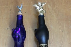 Pair of Mosel Riesling Cat Wine Bottles Frosted Black & Blue With Stoppers