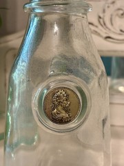 Wine Glass Carafe Decanter Raised Faux Gold Finish Medall Italy Vintage