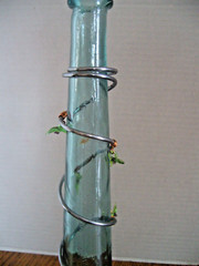 VINTAGE GREEN WINE BOTTLE / VASE Decorated w/Metal, Copper & Plastic Grapes