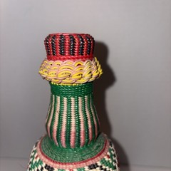 Vintage Viresa Scoubidou Wine Bottle & Cap Plastic Woven Wicker Spain Colorful