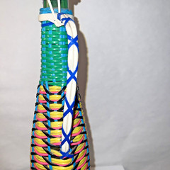 Vintage Viresa Plastic Wicker Wrapped Wine Bottle Boho Chic Spain colorful 15&Prime; H