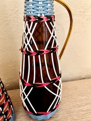 VTG MCM 2 Wicker Wrapped Scoubidou Wine Bottles Multicolor 15 & 17” Tall